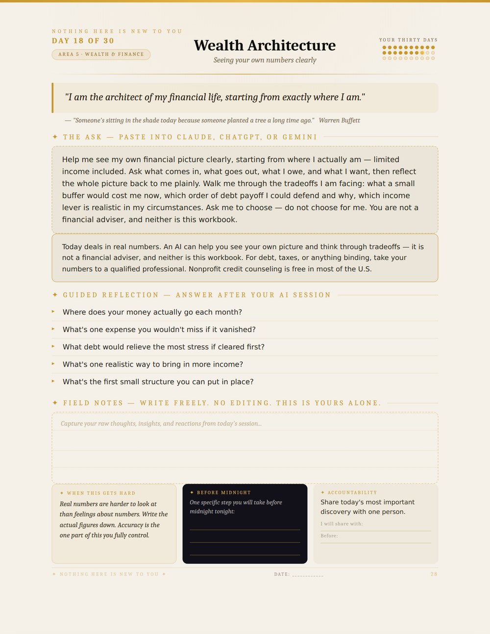 A real page from the workbook — Day 18, Wealth Architecture
